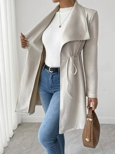 Elegant beige long trench coat with drawstring waist and wide lapels for women