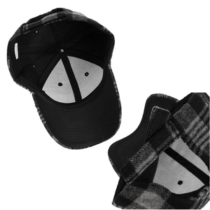 Classic black and grey plaid wool baseball cap featuring adjustable velcro back closure