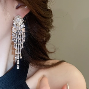 Detail shot of long tassel earrings with sparkling zircon crystals on a model side view