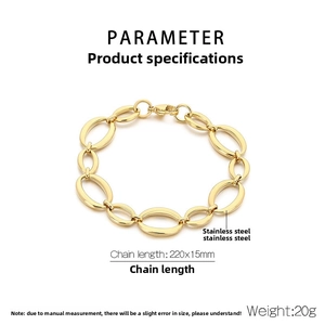 Detailed view of polished gold stainless steel oval link chain bracelet with dimensions