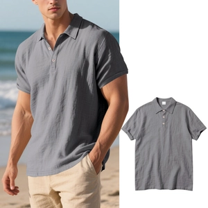 Men's grey linen polo shirt detail showing buttoned collar and relaxed fabric texture
