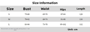 Detailed size chart for women's slim mesh dress including bust, waist, and hips measurements