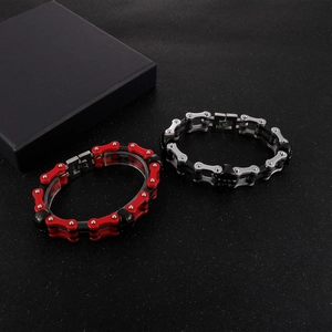 Detail of 16mm stainless steel bike chain bracelets in red-black and silver-black finishes