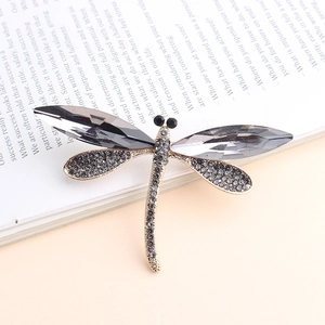 Vintage silver dragonfly brooch with large grey crystal drops and sparkling pave stones
