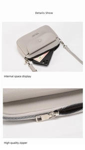 Detailed view of light gray PU leather phone bag showing zipper and internal capacity