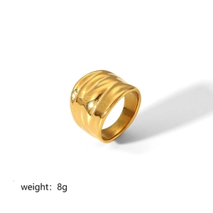Detailed macro view of 18k gold plated stainless steel ring with 8g weight label