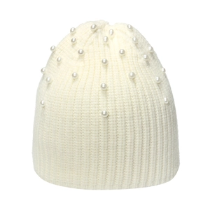 White ribbed knit beanie with elegant pearl embellishments for women winter fashion