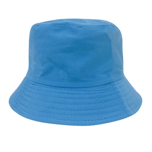 Detail view of the stitching and light blue cotton fabric on a classic bucket hat