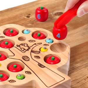 Wooden apple sorting and number catching game toy showing motor skills training
