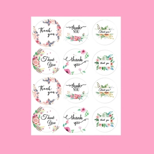 Detailed sheet of twelve floral Thank You stickers with watercolor designs on white base