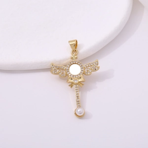 Gold winged wand pendant necklace with rhinestones and pearl on white display