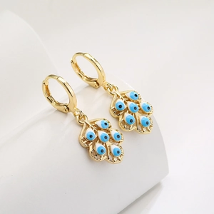 18K gold plated evil eye feather drop earrings with blue and white zircon inlays