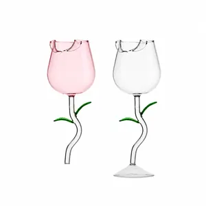 Rose Flower Shaped Red Wine Glass Handmade High Borosilicate Glassware Romantic Wedding Party Decor Elegant Goblet Gift