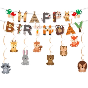 Woodland animals themed happy birthday banner set with cartoon forest creature cutouts