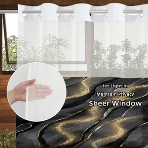 Detail of waterproof marble pattern shower curtain with silver metal grommets and sheer top