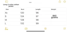 Detailed size chart showing measurements and weight for long hooded padded coat