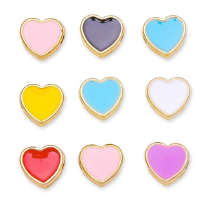 Set of nine 8mm heart-shaped alloy beads with colorful enamel and gold-plated borders
