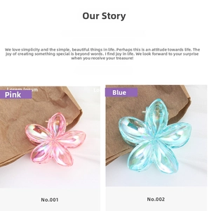 Close-up of pink and blue frangipani flower hair clips with iridescent finish on kraft paper