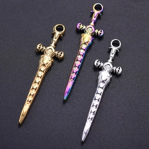 Three 304 stainless steel sword pendants in gold, silver, and iridescent finishes
