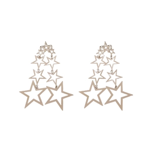 Exaggerated gold metallic star drop earrings with multi-layered geometric tassel design