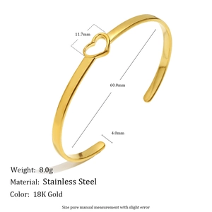 Detailed view of 18K gold plated heart bangle with precise size and weight measurements