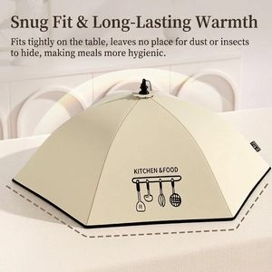 Insulated foldable food cover with cream fabric and suction seal for kitchen dust protection