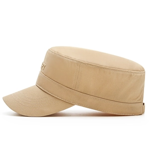 Classic khaki cotton flat top military cap with SPORT embroidery in a side profile view