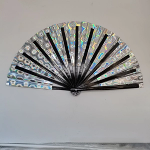 Detailed view of 33cm rainbow folding fan with holographic laser texture and black ribs