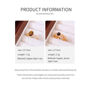 Detail view of 18k gold plated tiger eye stone rings with full technical specifications