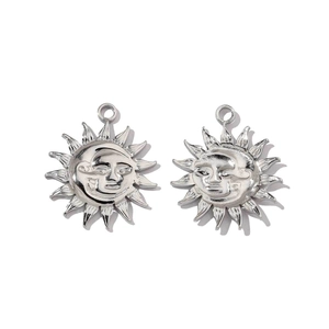 Polished silver stainless steel sun charms with face relief for DIY jewelry making