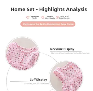 Close-up of baby girl pajamas with pink floral print and soft cotton muslin texture