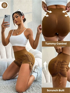 Short de yoga côtelé marron taille haute avec contrôle du ventre et effet push-up