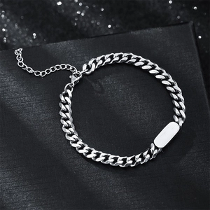Silver stainless steel cuban chain bracelet with blank tag and adjustable clasp