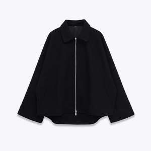 Women Wool Blend Zipper Jacket Lapel Collar Long Sleeve Solid Black Casual Short Coat Minimalist Outerwear