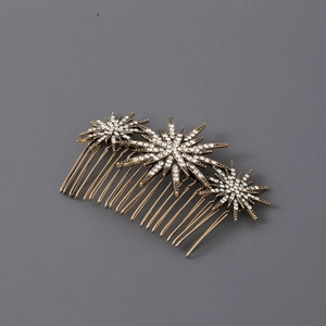 Vintage gold hair comb with rhinestones and star-shaped alloy ornaments for women