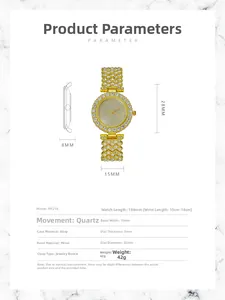 Detailed size specification for luxury gold quartz watch with sparkling rhinestones