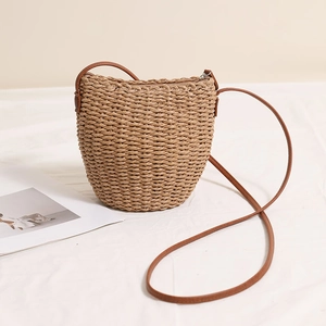 Small Woven Straw Bucket Crossbody Bag With PU Leather Strap Vacation Beach Shoulder Purse For Women