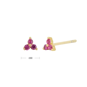 Detail of 4mm gold clover stud earrings featuring three vibrant pink gemstones