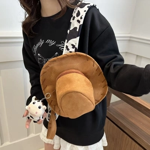 Cowboy Hat Shaped Fashion Backpack Suede Western Style With Cow Print Strap Contrast Stitching Creative Small Bag