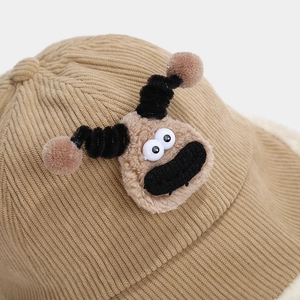 Kids warm corduroy bucket hat with cartoon mascot and cozy faux shearling lining