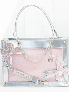 Y2K style silver and pink tote bag with transparent butterfly spiderweb compartment