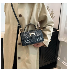 Detail of leopard print small square bag with black leather trim and gold metal buckle