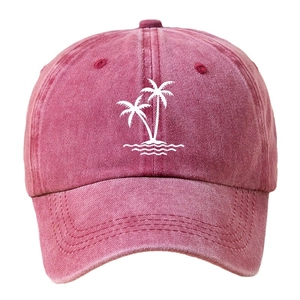 Washed burgundy baseball cap with white coconut tree embroidery and adjustable strap