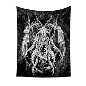 Arazzo bohémien nero con disegno artistico Baphomet gotico bianco fatto a mano