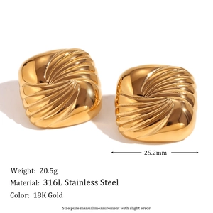 18K gold plated stainless steel geometric square wing earrings with water ripple texture