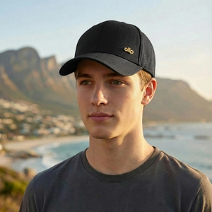 Classic black cotton baseball cap with golden ollp logo for outdoor leisure and sun protection
