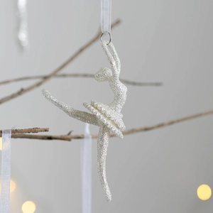 Sparkly white ballerina Christmas tree ornament with glitter finish and elegant ribbon