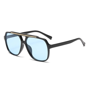 Modern double bridge aviator sunglasses with black frame and light blue ocean lenses
