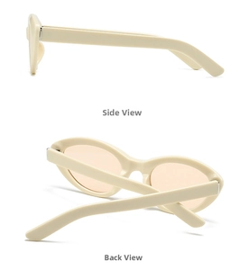 Side and back view of oval marble pattern sunglasses with wide beige acetate frames