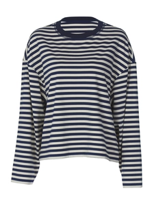 Französisches gestreiftes Langarmshirt für Damen mit lockerem Rundhalsausschnitt in Blau-Weiß
